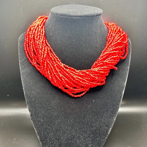 Vintage 33” Long 30 Strand Coral Bead Necklace With Hook Clasp